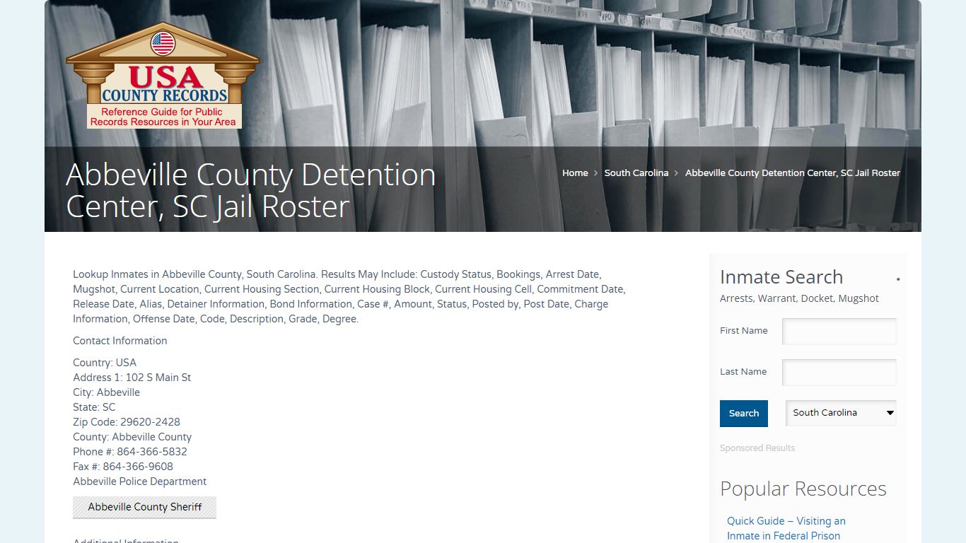 Abbeville County Detention Center, SC Jail Roster